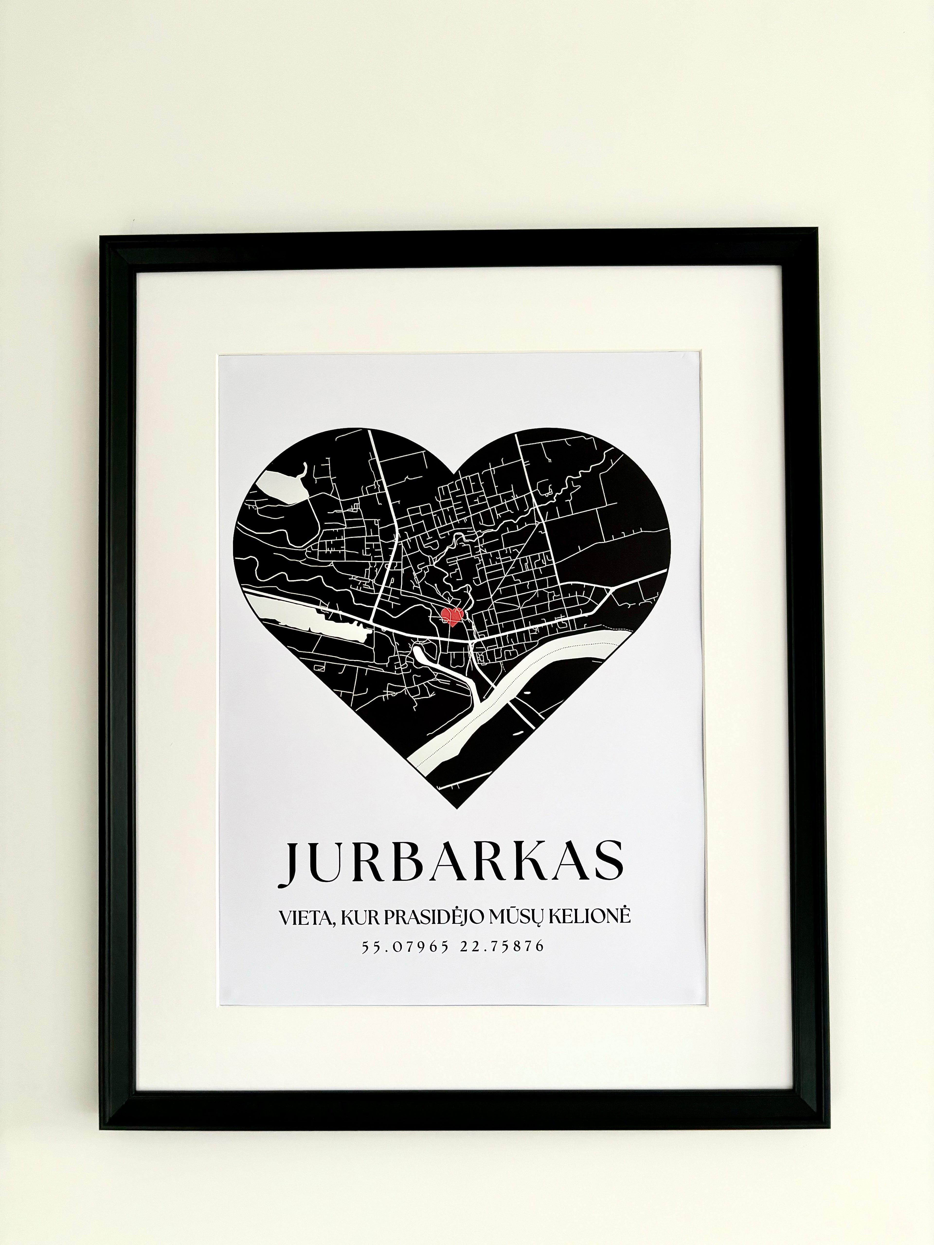 Įrėmintas širdies formos Jurbarko žemėlapis